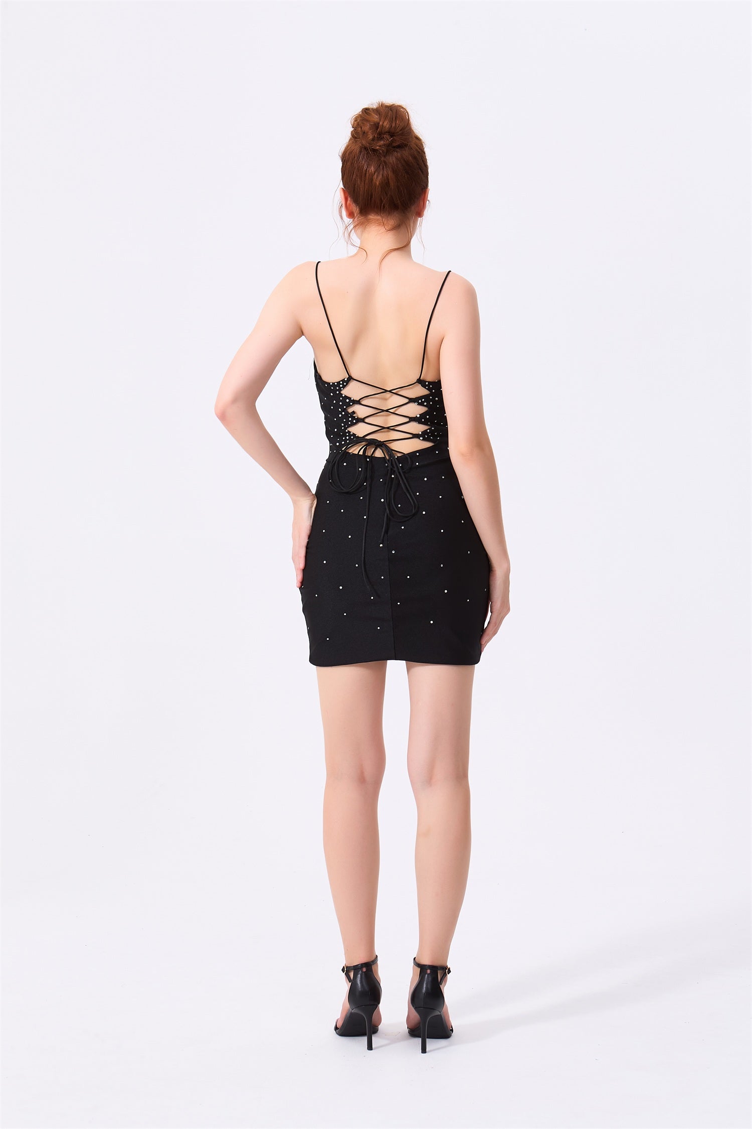 Black Crepe Bodycon Plunging V-Neck Lace-Up Back Mini Dress Back View - Almudear
