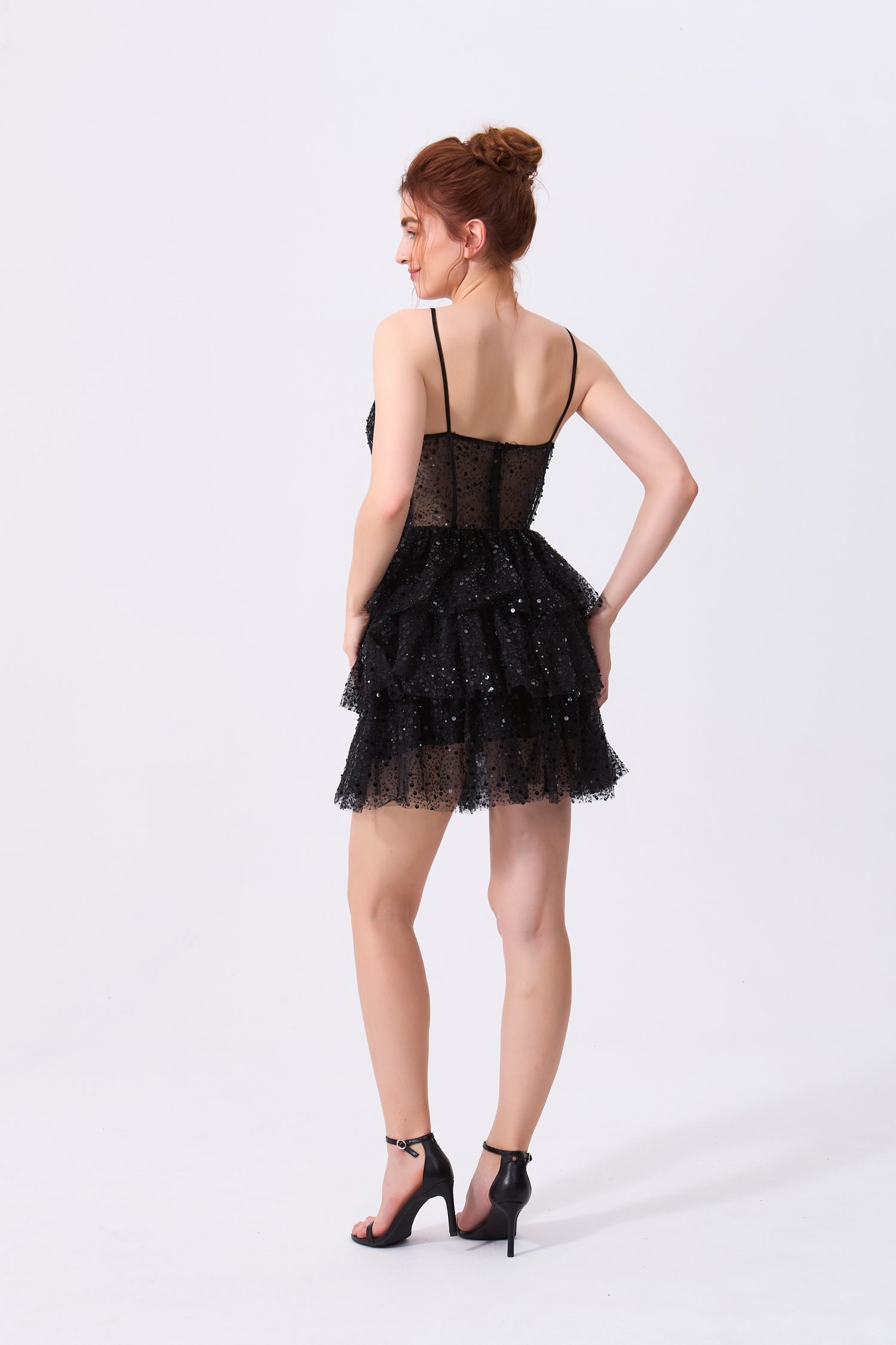 Black Sequined Mesh A-Line Sweetheart Zipper Back Mini Dress - Almudear