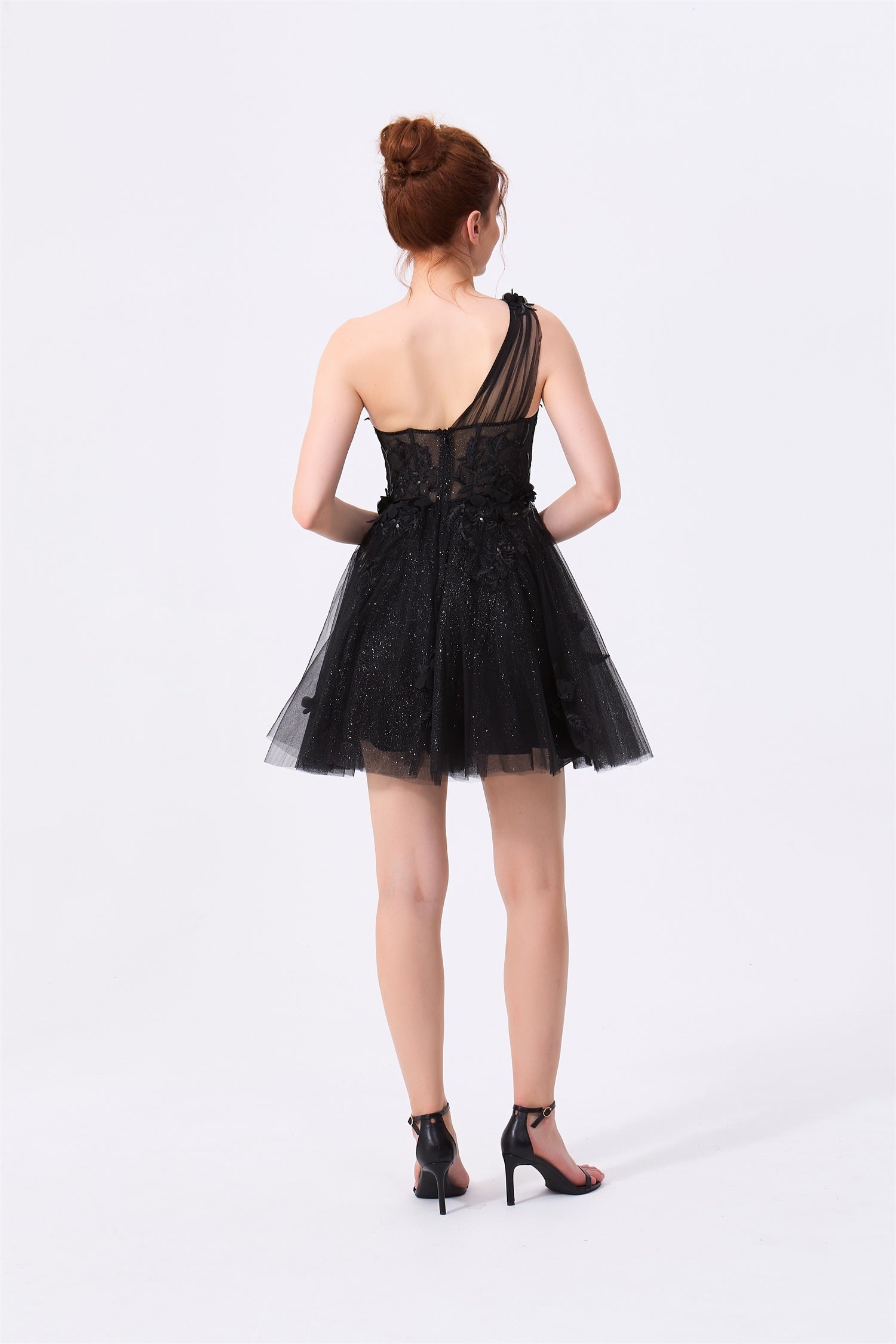 Black Tulle and Lace with Sequins A-Line One Shoulder Zipper Back Mini Dress Back View - Almudear
