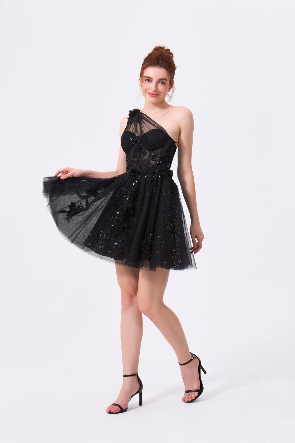 Black Tulle and Lace with Sequins A-Line One Shoulder Zipper Back Mini Dress Front View - Almudear