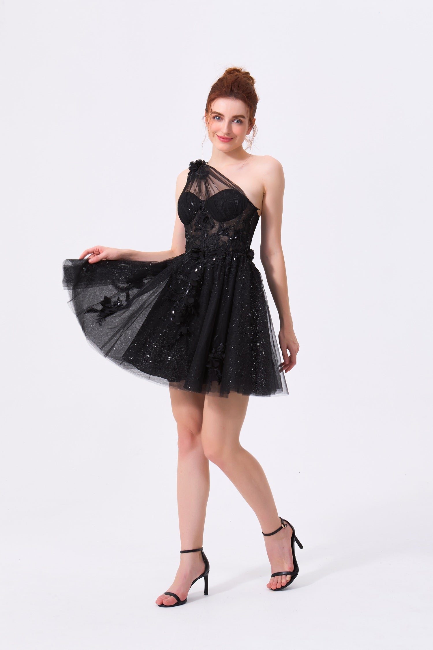 Black Tulle and Lace with Sequins A-Line One Shoulder Zipper Back Mini Dress Front View - Almudear