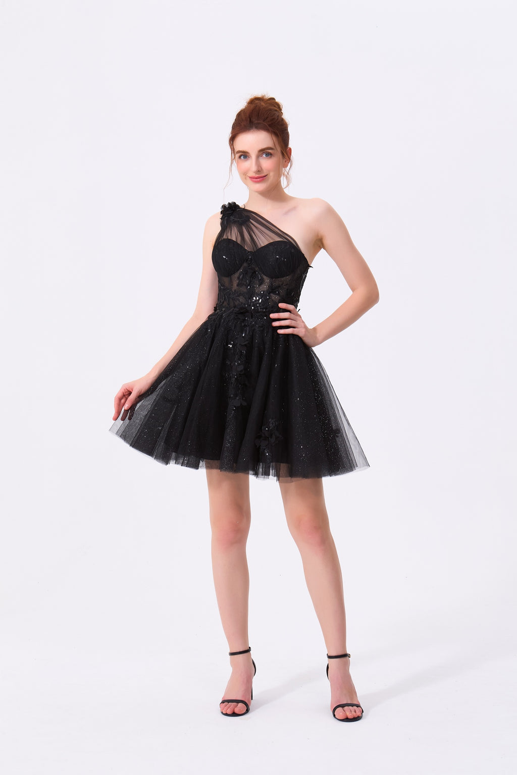 Black Tulle and Lace with Sequins A-Line One Shoulder Zipper Back Mini Dress - Almudear