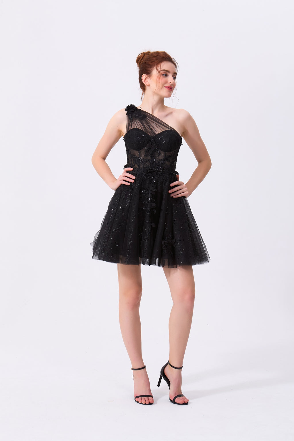 Black Tulle and Lace with Sequins A-Line One Shoulder Zipper Back Mini Dress - Almudear