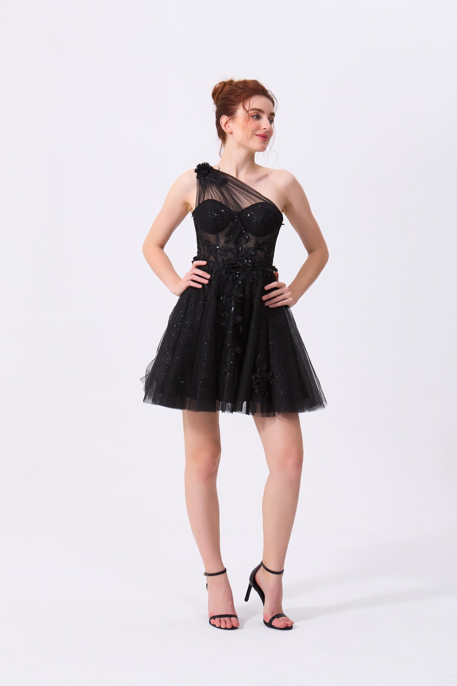 Black Tulle and Lace with Sequins A-Line One Shoulder Zipper Back Mini Dress - Almudear