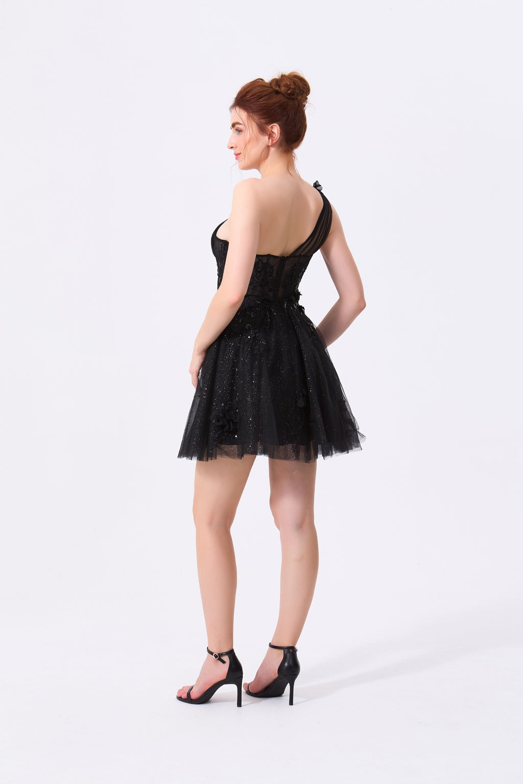 Black Tulle and Lace with Sequins A-Line One Shoulder Zipper Back Mini Dress - Almudear