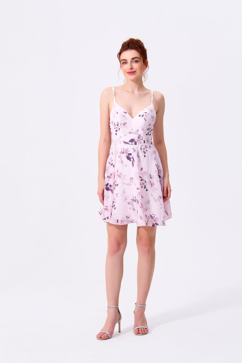 Blushing Pink Chiffon A-Line V-Neck Lace-Up Back Above Knee Dress Front View - Almudear