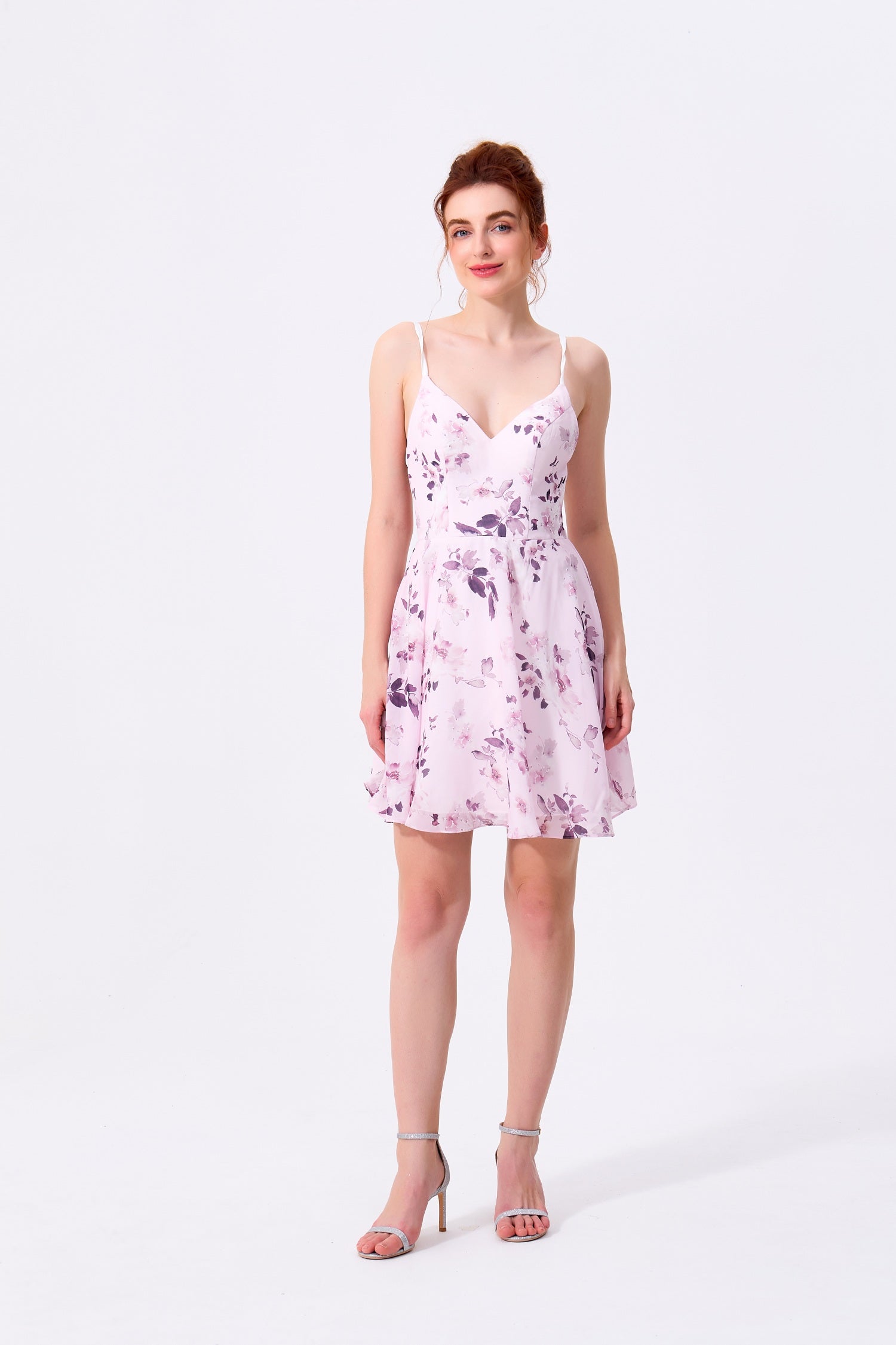 Blushing Pink Chiffon A-Line V-Neck Lace-Up Back Above Knee Dress Front View - Almudear
