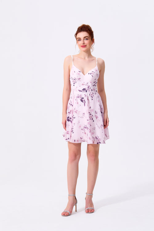 Blushing Pink Chiffon A-Line V-Neck Lace-Up Back Above Knee Dress Front View - Almudear