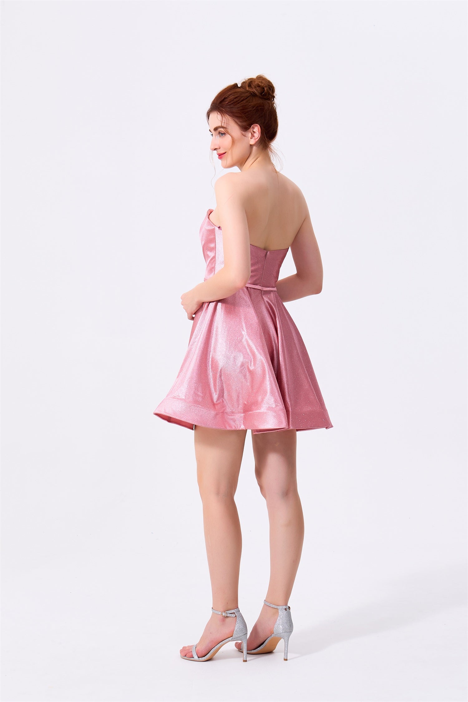 Blushing Pink Glitter Fabric A-Line Sweetheart Zipper Back Mini Dress Back View - Almudear