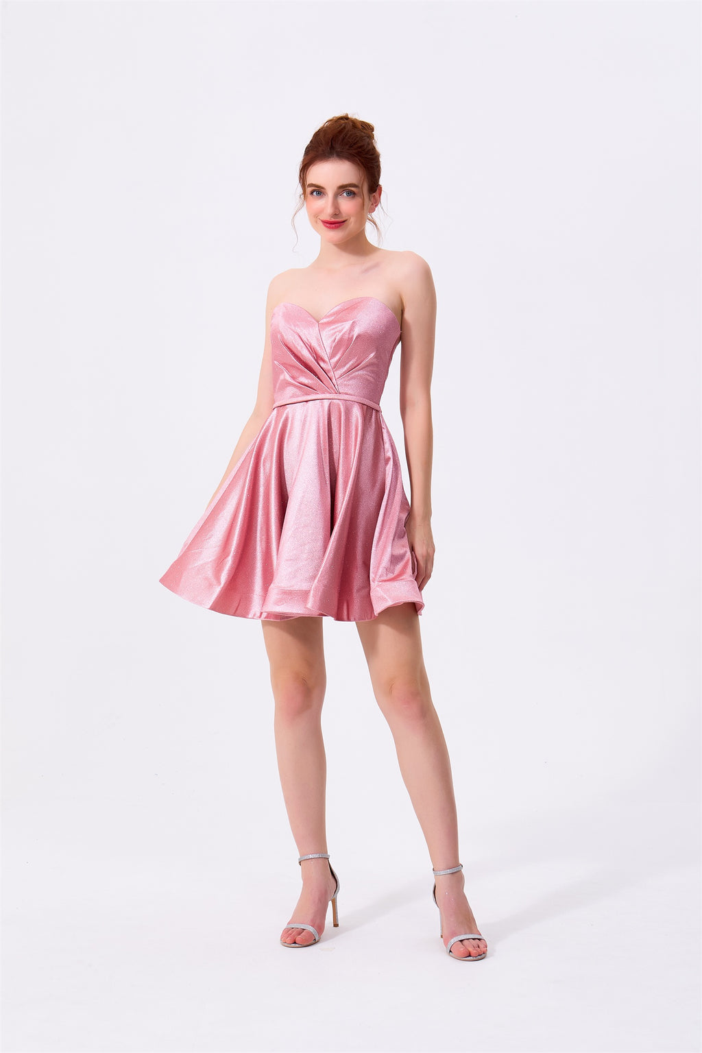 Blushing Pink Glitter Fabric A-Line Sweetheart Zipper Back Mini Dress Front View - Almudear