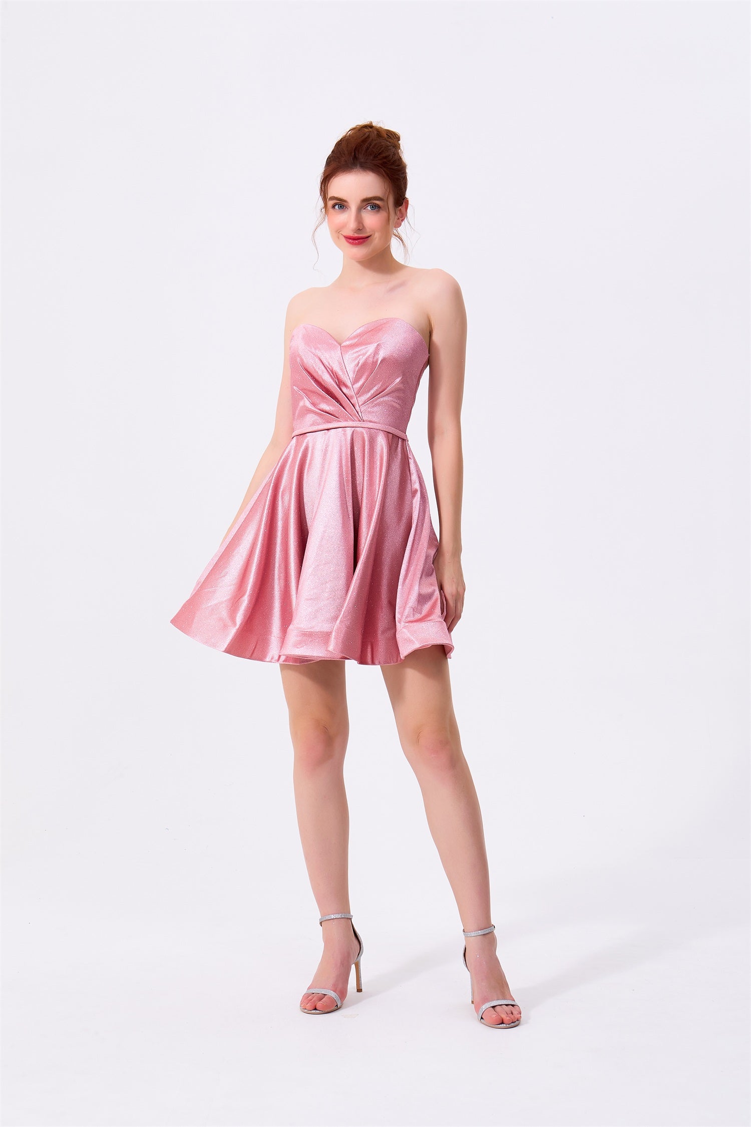 Blushing Pink Glitter Fabric A-Line Sweetheart Zipper Back Mini Dress Front View - Almudear