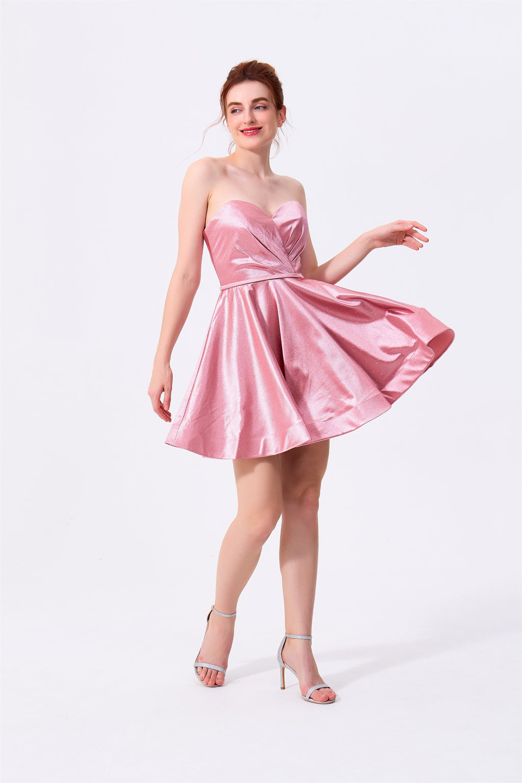 Blushing Pink Glitter Fabric A-Line Sweetheart Zipper Back Mini Dress - Almudear