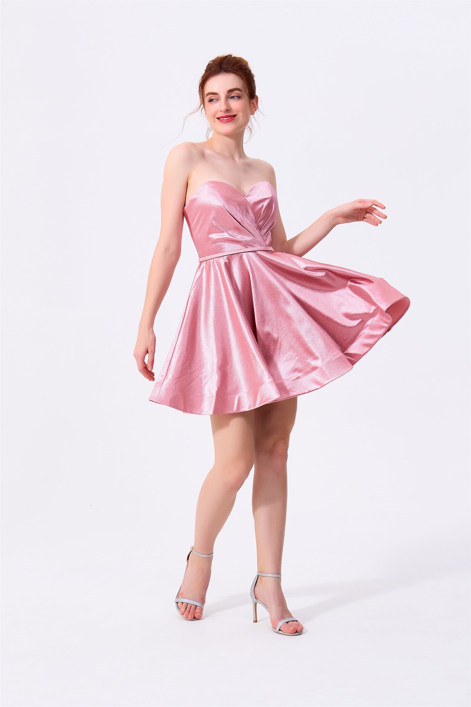 Blushing Pink Glitter Fabric A-Line Sweetheart Zipper Back Mini Dress - Almudear