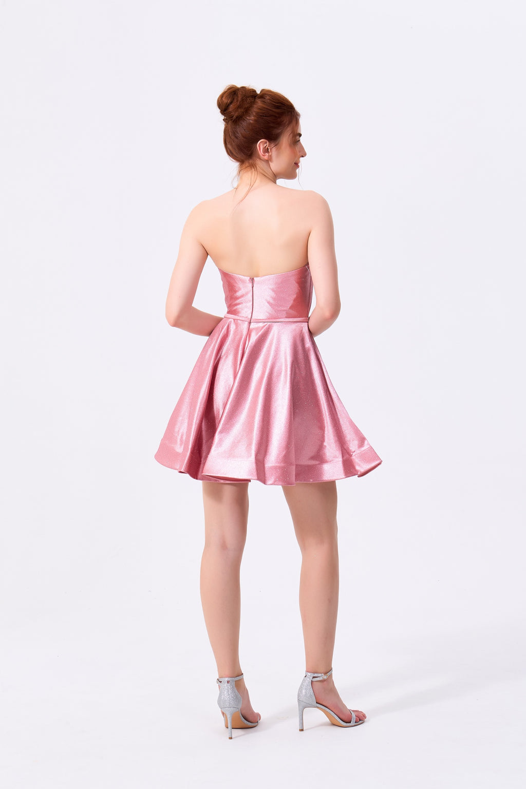 Blushing Pink Glitter Fabric A-Line Sweetheart Zipper Back Mini Dress - Almudear
