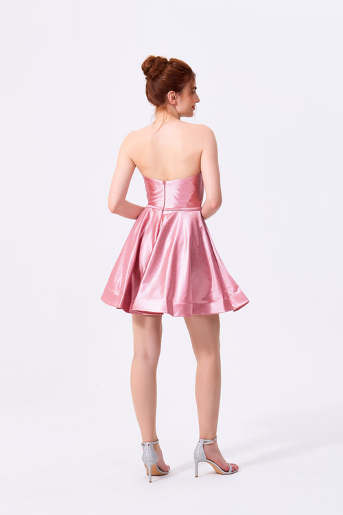Blushing Pink Glitter Fabric A-Line Sweetheart Zipper Back Mini Dress - Almudear