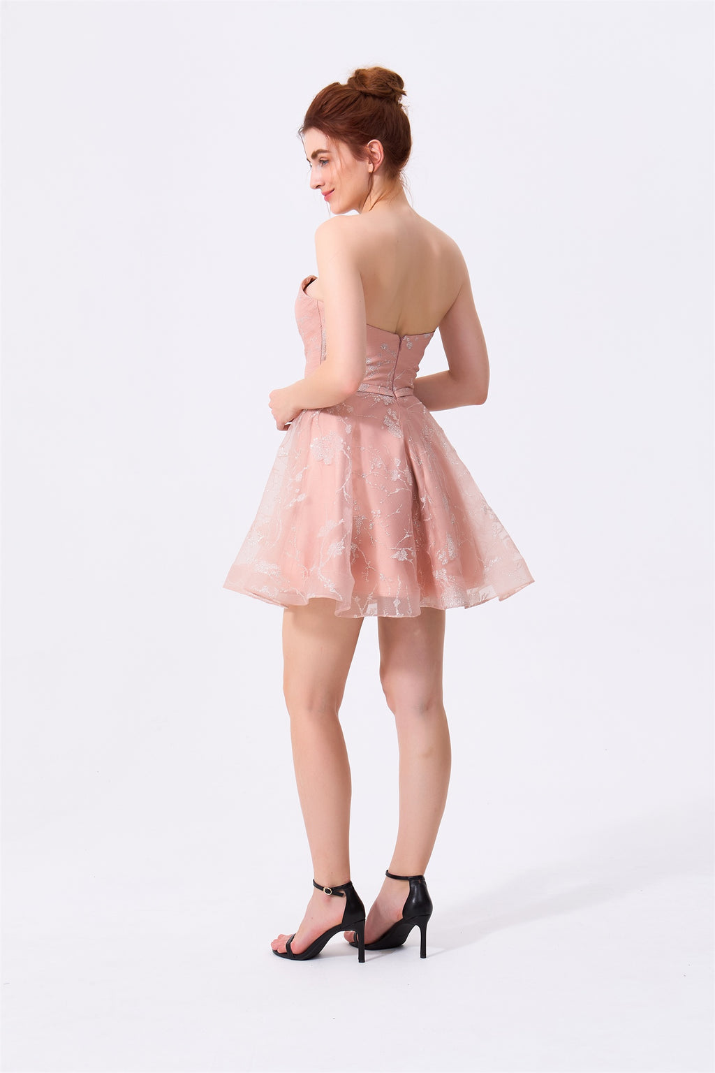 Blushing Pink Glitter Organza A-Line Sweetheart Zipper Back Above Knee Dress Back View - Almudear