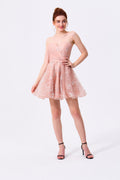 Blushing Pink Glitter Organza A-Line Sweetheart Zipper Back Above Knee Dress Front View - Almudear