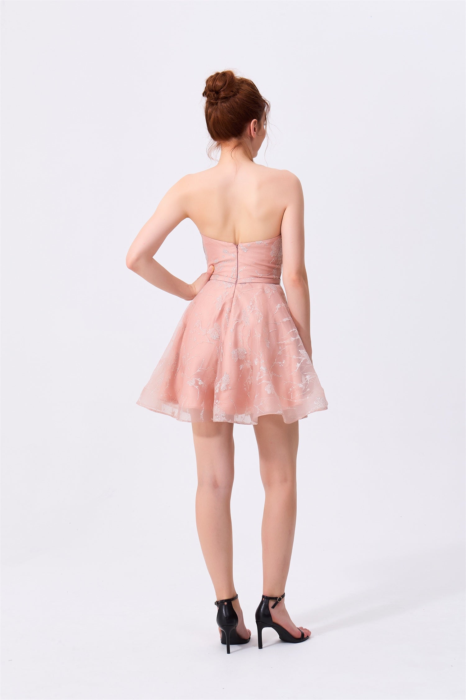 Blushing Pink Glitter Organza A-Line Sweetheart Zipper Back Above Knee Dress - Almudear