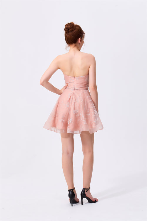 Blushing Pink Glitter Organza A-Line Sweetheart Zipper Back Above Knee Dress - Almudear