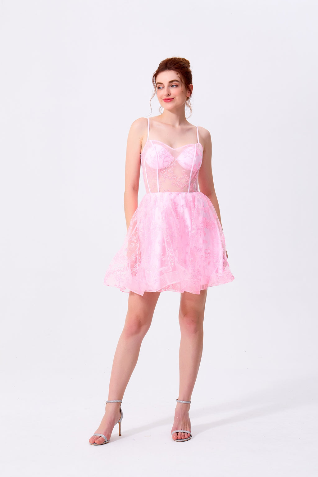 Blushing Pink Lace & Mesh A-Line Sweetheart Lace-Up Back Mini Dress Front View - Almudear