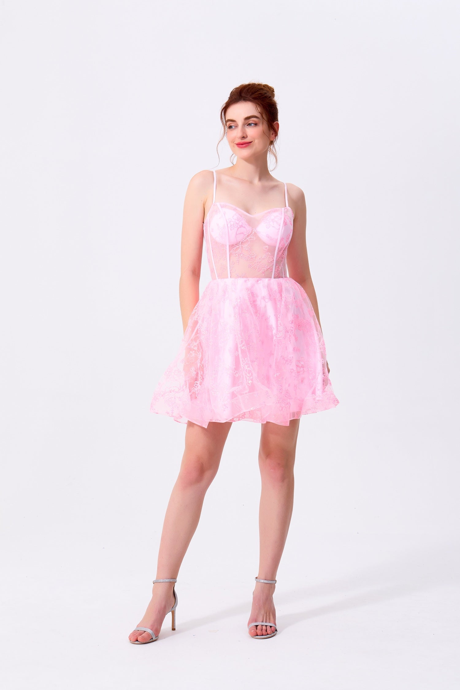 Blushing Pink Lace & Mesh A-Line Sweetheart Lace-Up Back Mini Dress Front View - Almudear