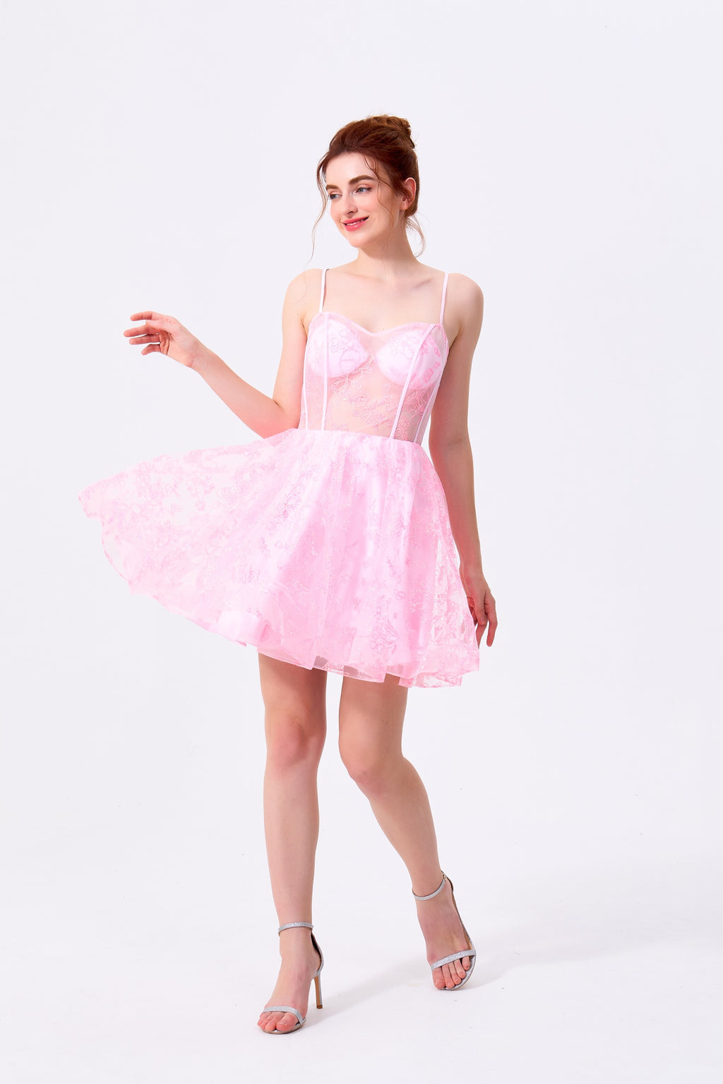 Blushing Pink Lace & Mesh A-Line Sweetheart Lace-Up Back Mini Dress - Almudear