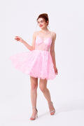 Blushing Pink Lace & Mesh A-Line Sweetheart Lace-Up Back Mini Dress - Almudear