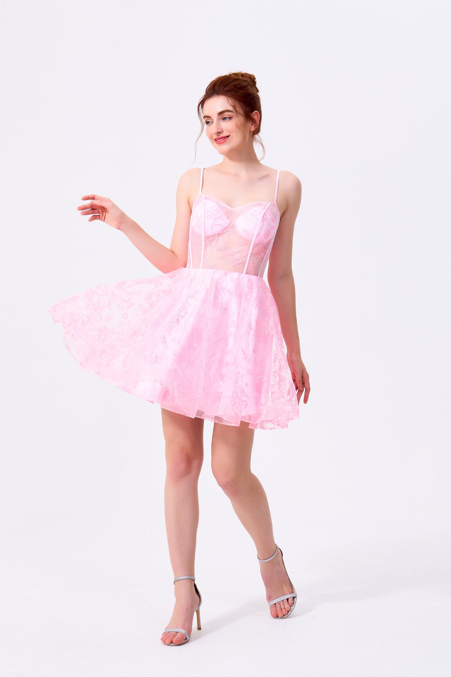 Blushing Pink Lace & Mesh A-Line Sweetheart Lace-Up Back Mini Dress - Almudear