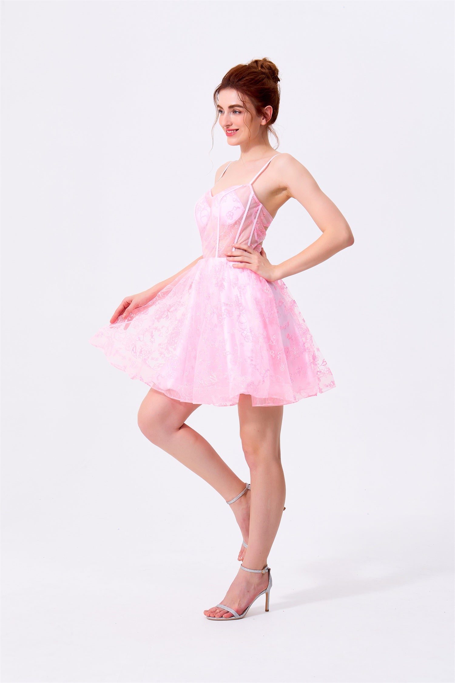 Blushing Pink Lace & Mesh A-Line Sweetheart Lace-Up Back Mini Dress - Almudear