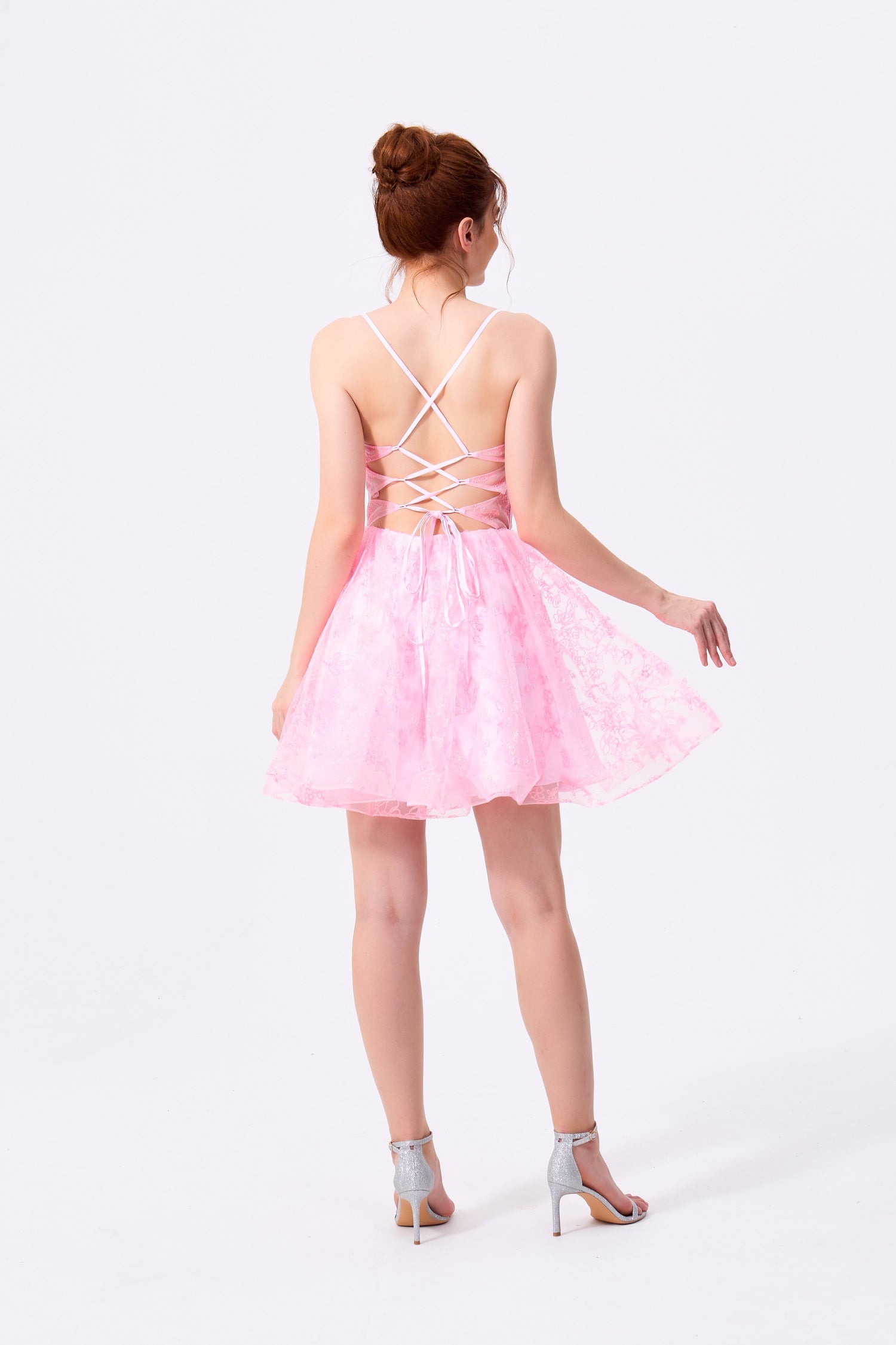 Blushing Pink Lace & Mesh A-Line Sweetheart Lace-Up Back Mini Dress - Almudear