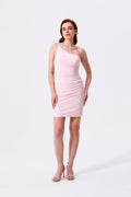 Blushing Pink Sequin Bodycon One Shoulder Lace-Up Back Mini Dress Front View - Almudear