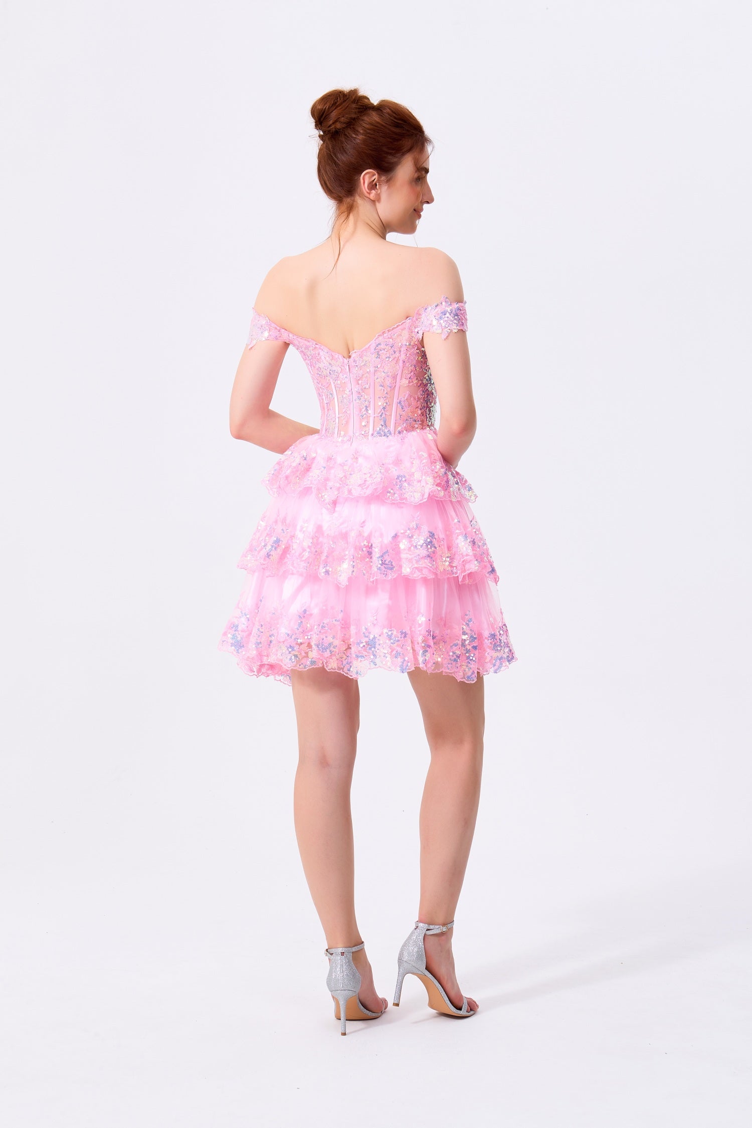 Blushing Pink Sequin Lace and Tulle Tiered Off-the-Shoulder Mini Dress Back View - Almudear