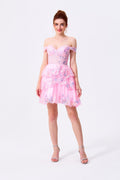 Blushing Pink Sequin Lace and Tulle Tiered Off-the-Shoulder Mini Dress Front View - Almudear