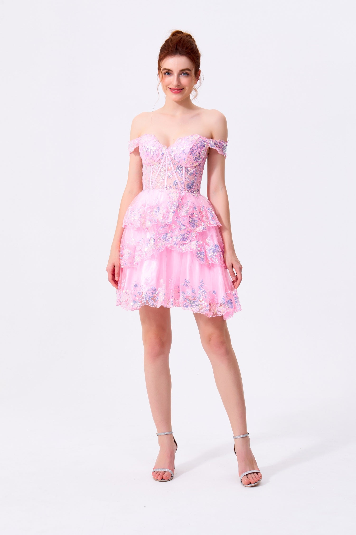 Blushing Pink Sequin Lace and Tulle Tiered Off-the-Shoulder Mini Dress Front View - Almudear