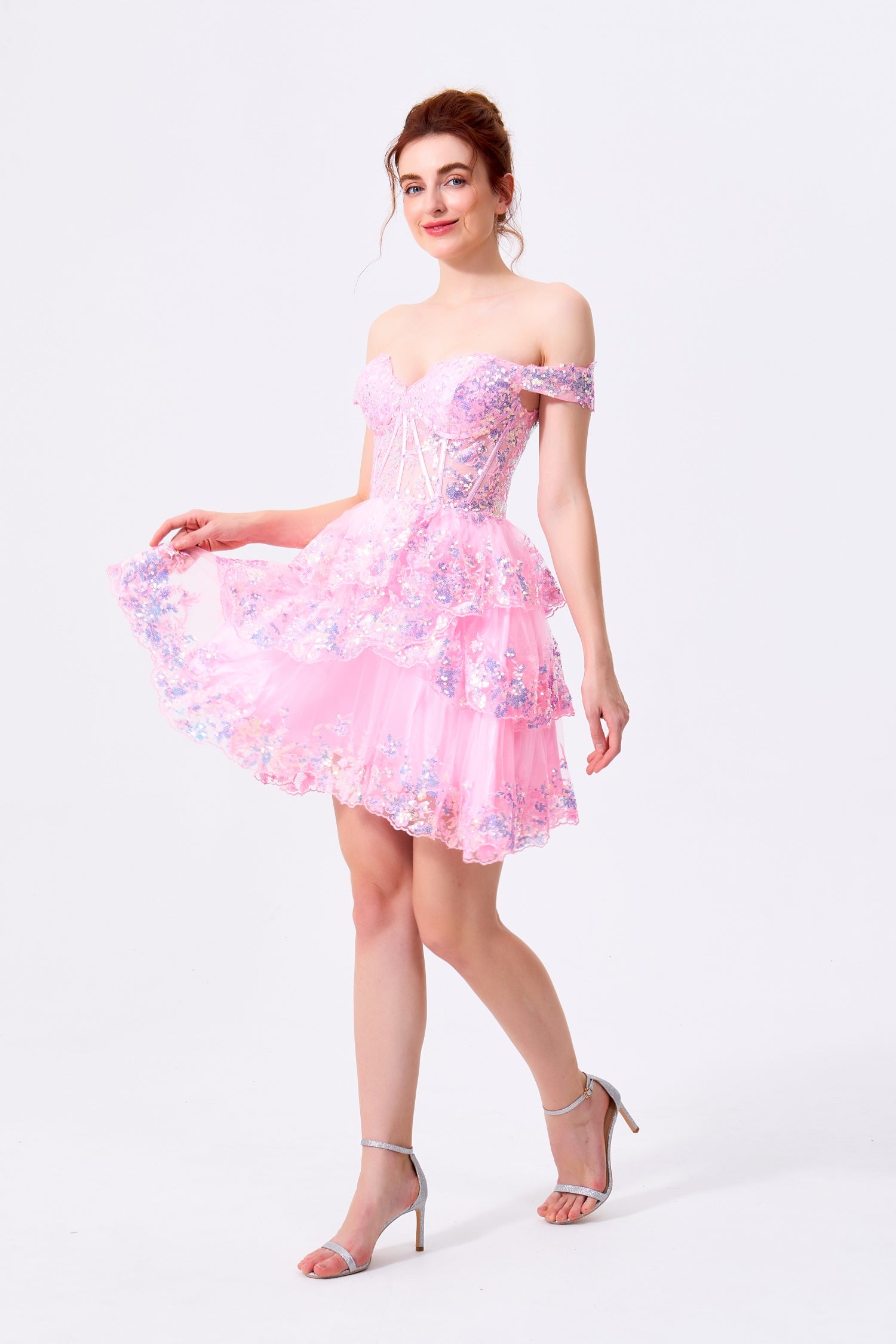 Blushing Pink Sequin Lace and Tulle Tiered Off-the-Shoulder Mini Dress - Almudear