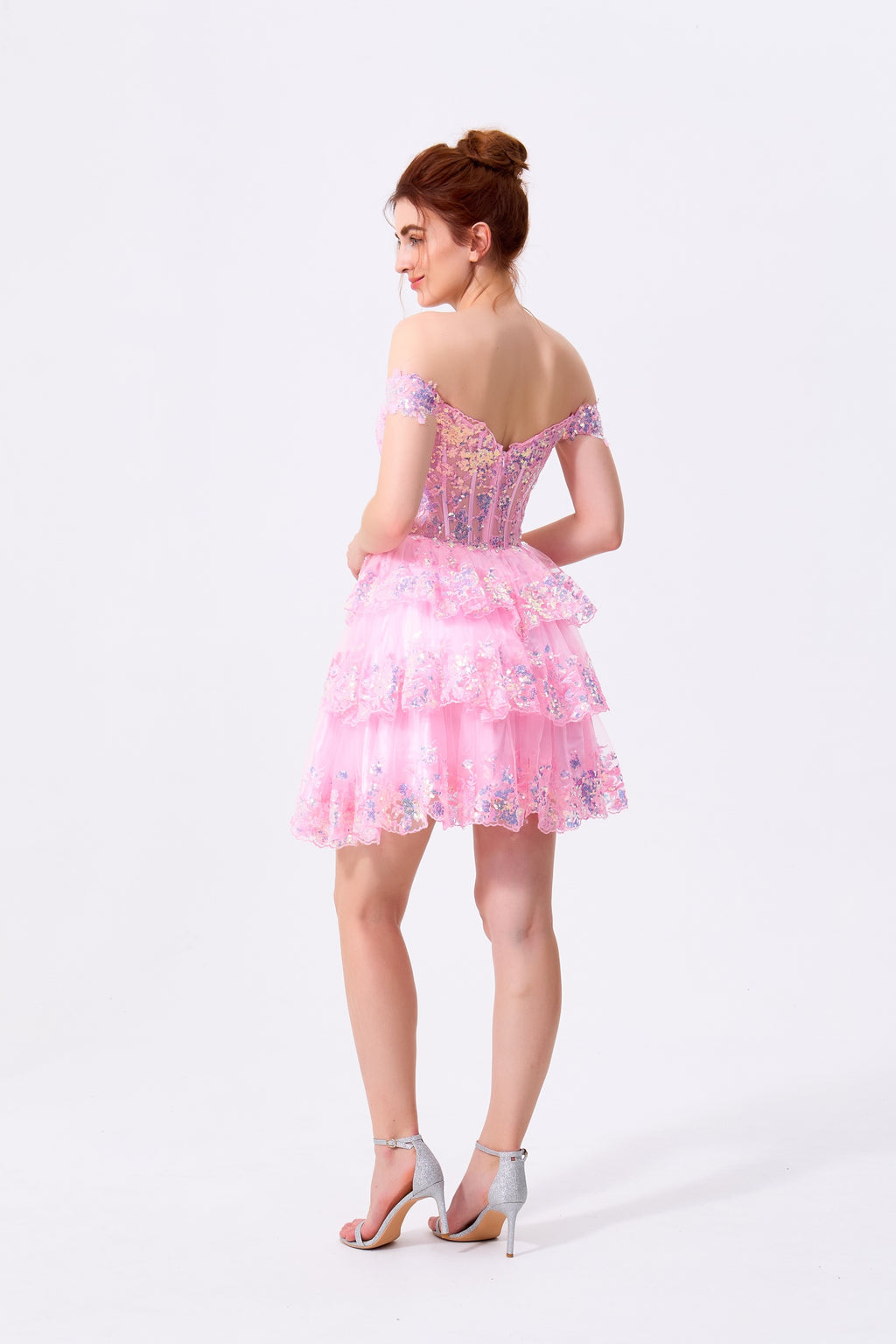 Blushing Pink Sequin Lace and Tulle Tiered Off-the-Shoulder Mini Dress - Almudear