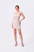 Blushing Pink Sequin Mesh Bodycon Sweetheart Lace-Up Back Mini Dress - Almudear