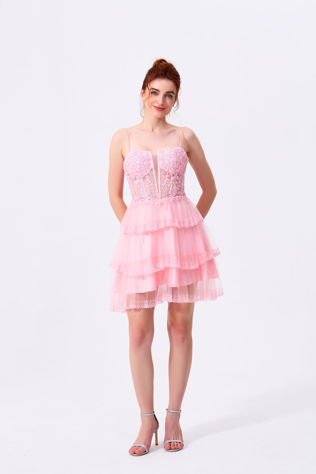 Blushing Pink Tulle and Lace A-Line Sweetheart Lace-Up Back Above Knee Dress Front View - Almudear