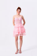 Blushing Pink Tulle and Lace A-Line Sweetheart Lace-Up Back Above Knee Dress Front View - Almudear