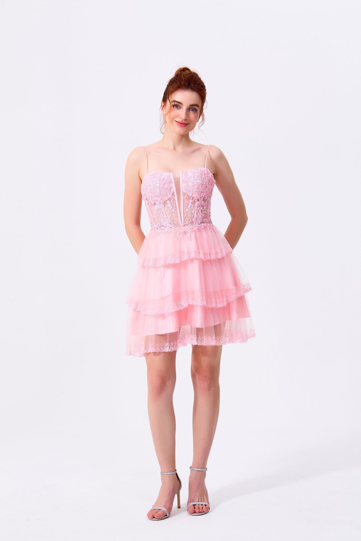 Blushing Pink Tulle and Lace A-Line Sweetheart Lace-Up Back Above Knee Dress Front View - Almudear