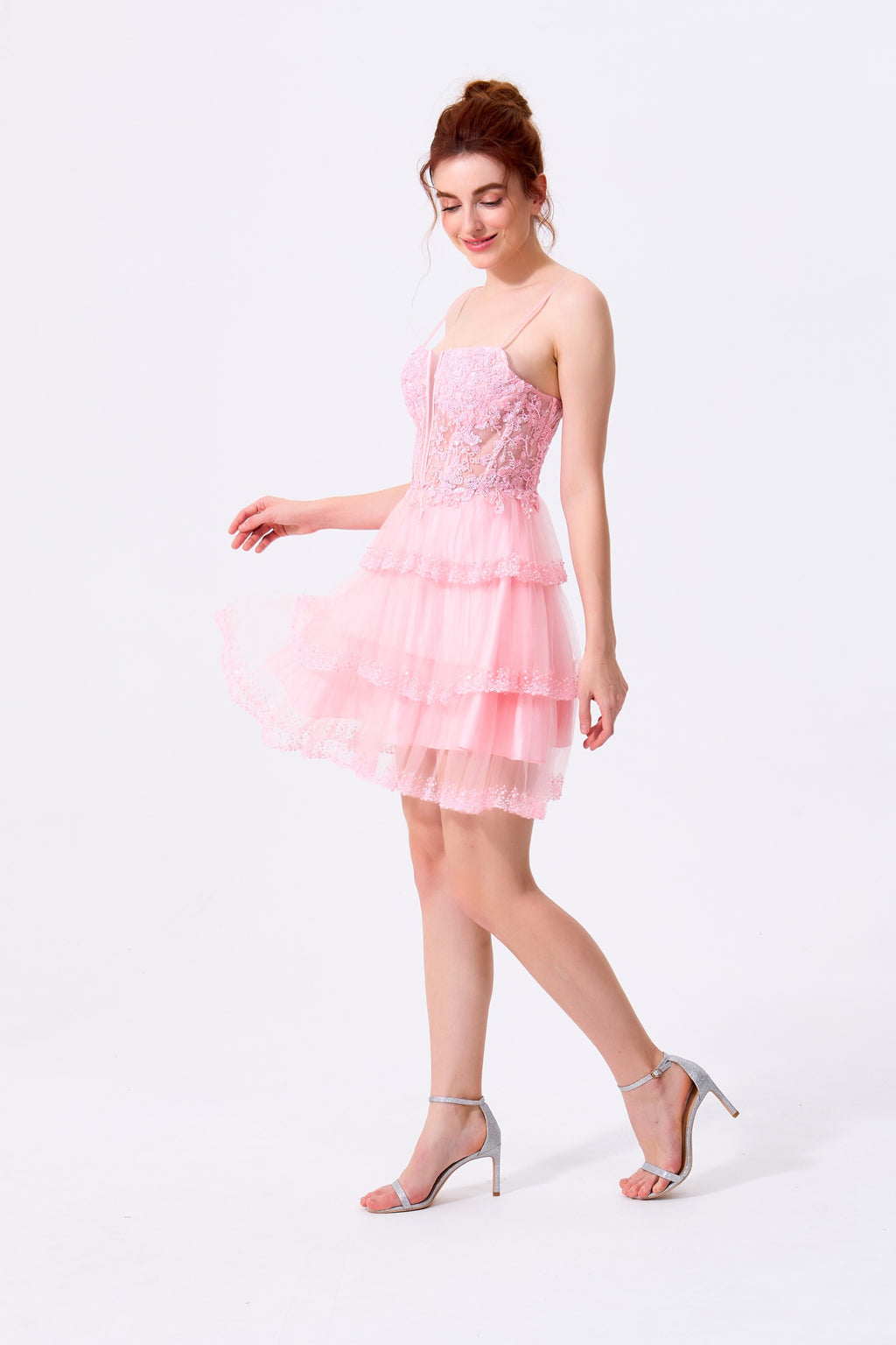 Blushing Pink Tulle and Lace A-Line Sweetheart Lace-Up Back Above Knee Dress - Almudear