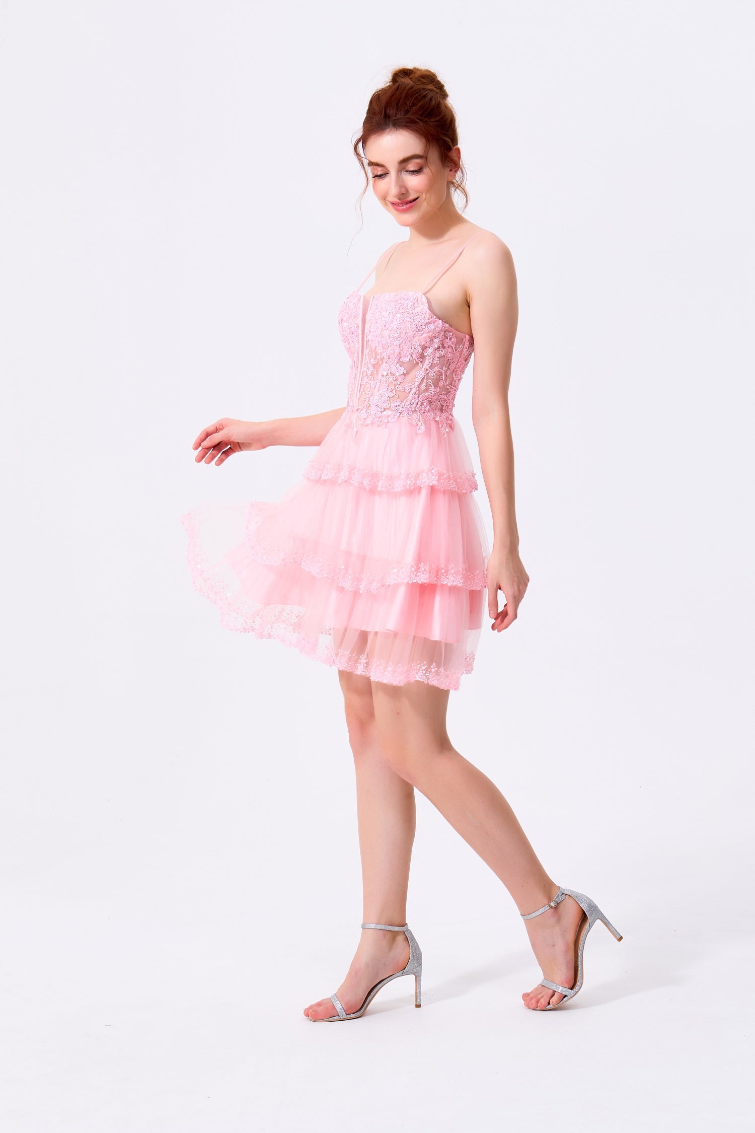 Blushing Pink Tulle and Lace A-Line Sweetheart Lace-Up Back Above Knee Dress - Almudear