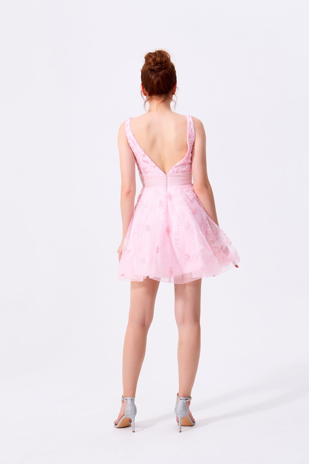 Blushing Pink Tulle with Lace Applique A-Line V-Neck Low V-Back Mini Dress Back View - Almudear