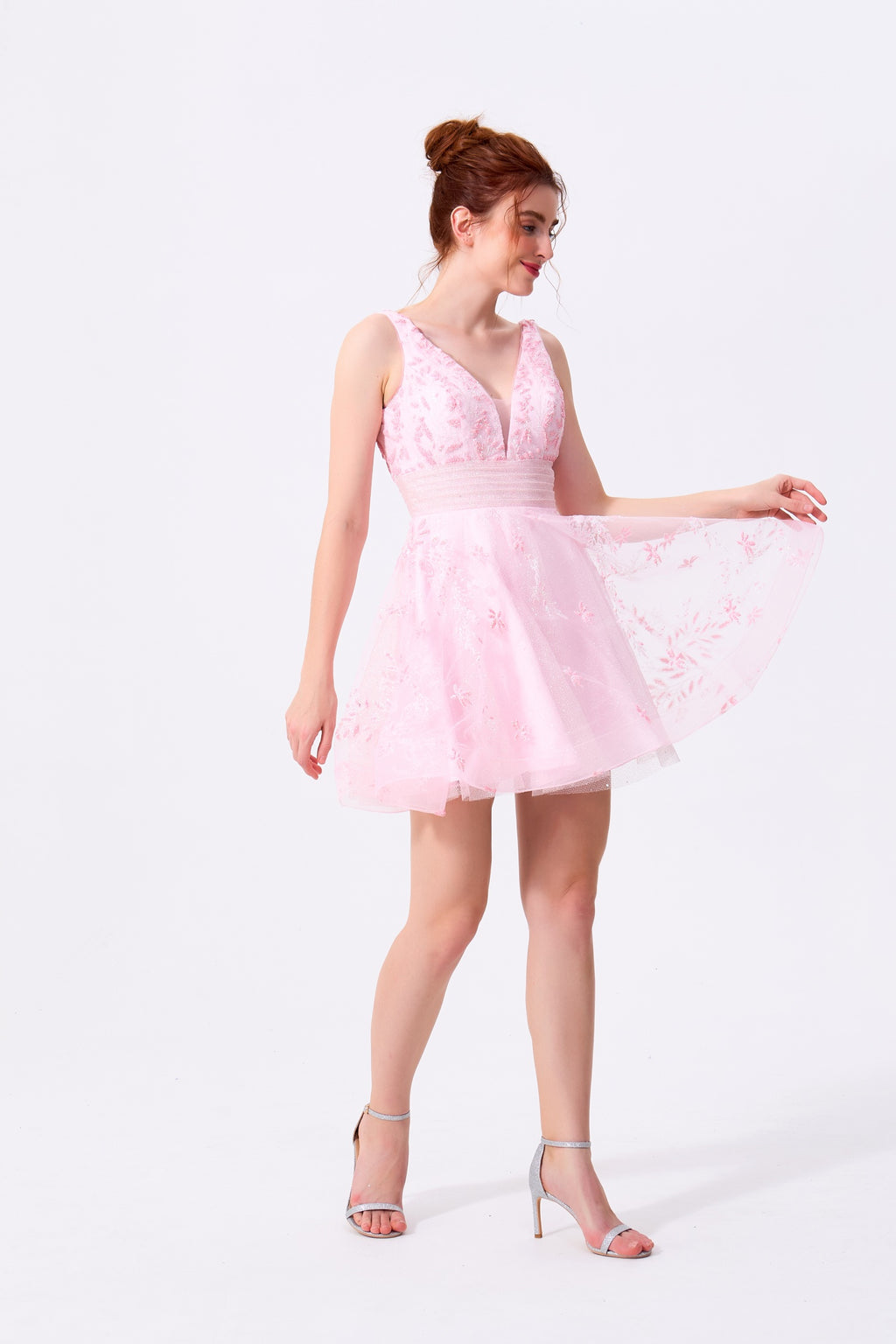 Blushing Pink Tulle with Lace Applique A-Line V-Neck Low V-Back Mini Dress - Almudear