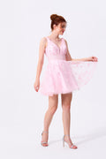 Blushing Pink Tulle with Lace Applique A-Line V-Neck Low V-Back Mini Dress - Almudear