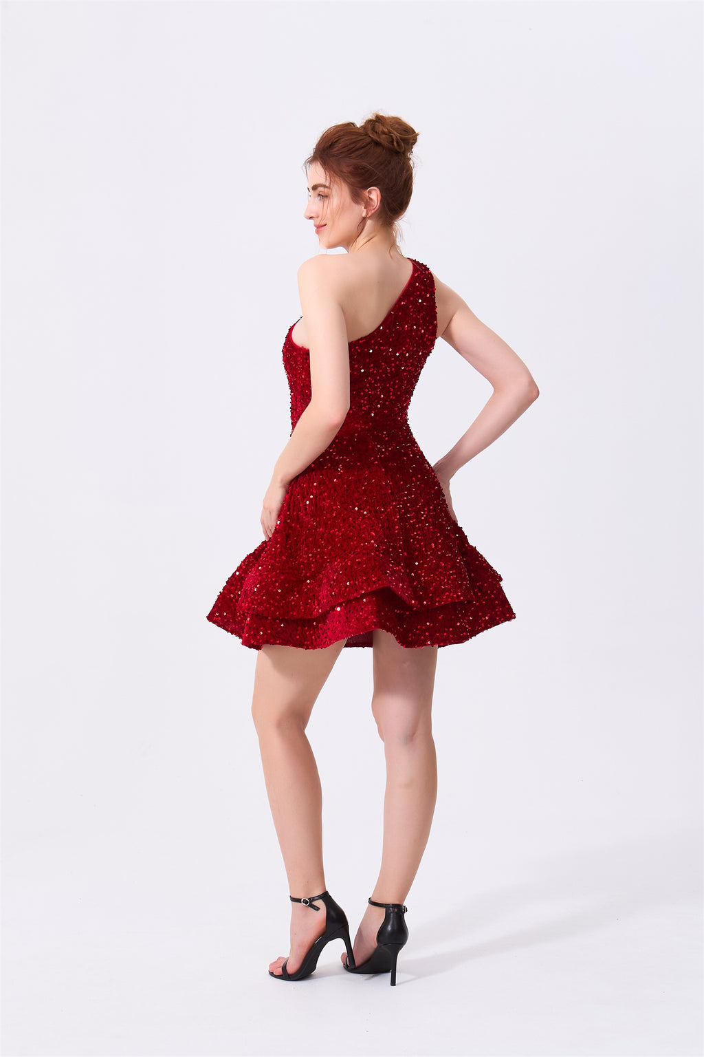 Burgundy Sequin A-Line One Shoulder Zipper Back Above Knee Dress Back View - Almudear