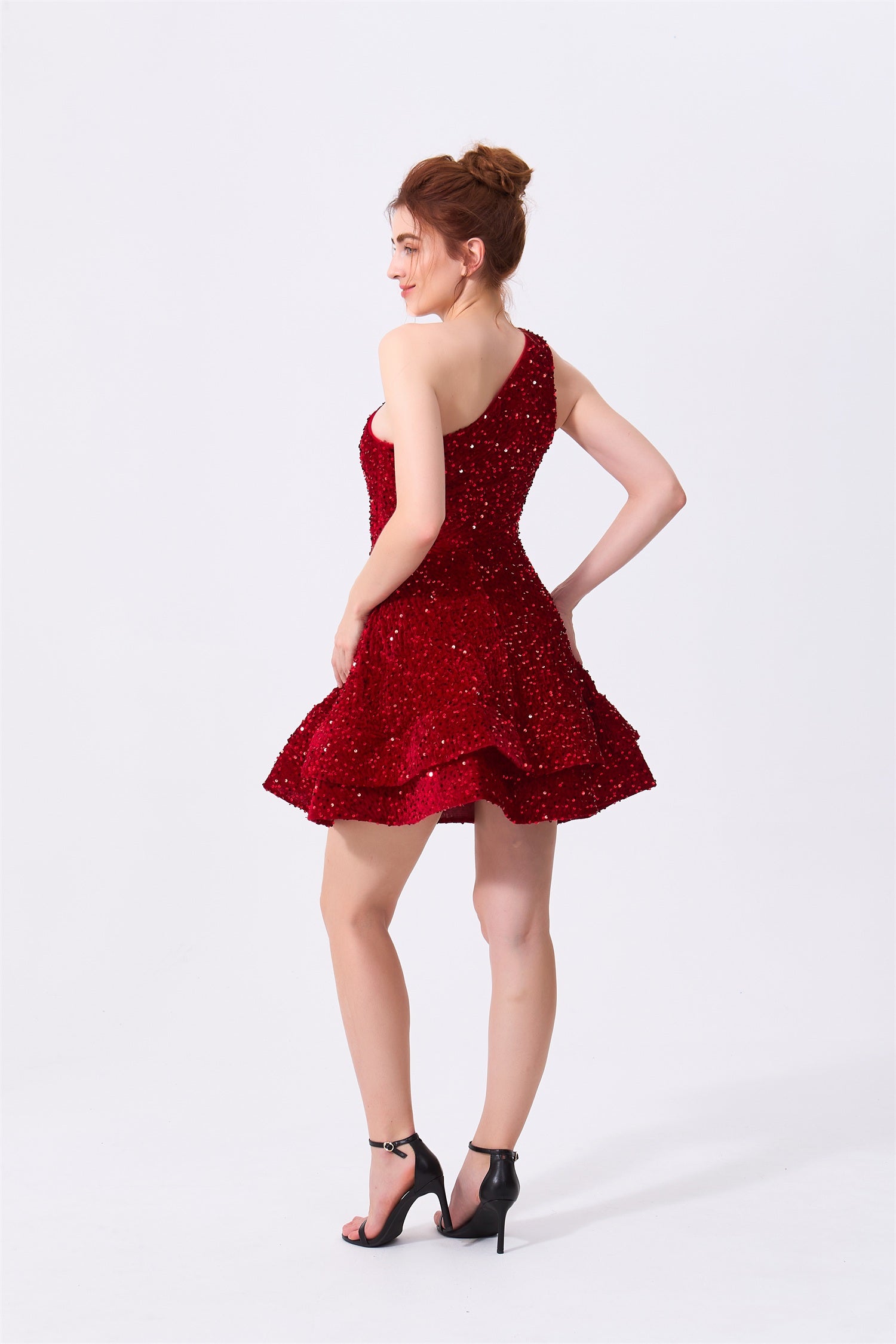 Burgundy Sequin A-Line One Shoulder Zipper Back Above Knee Dress Back View - Almudear