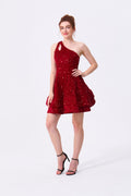 Burgundy Sequin A-Line One Shoulder Zipper Back Above Knee Dress Front View - Almudear