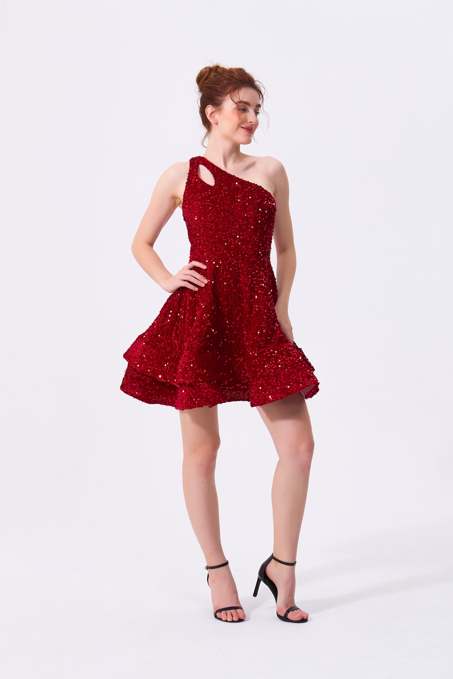 Burgundy Sequin A-Line One Shoulder Zipper Back Above Knee Dress - Almudear