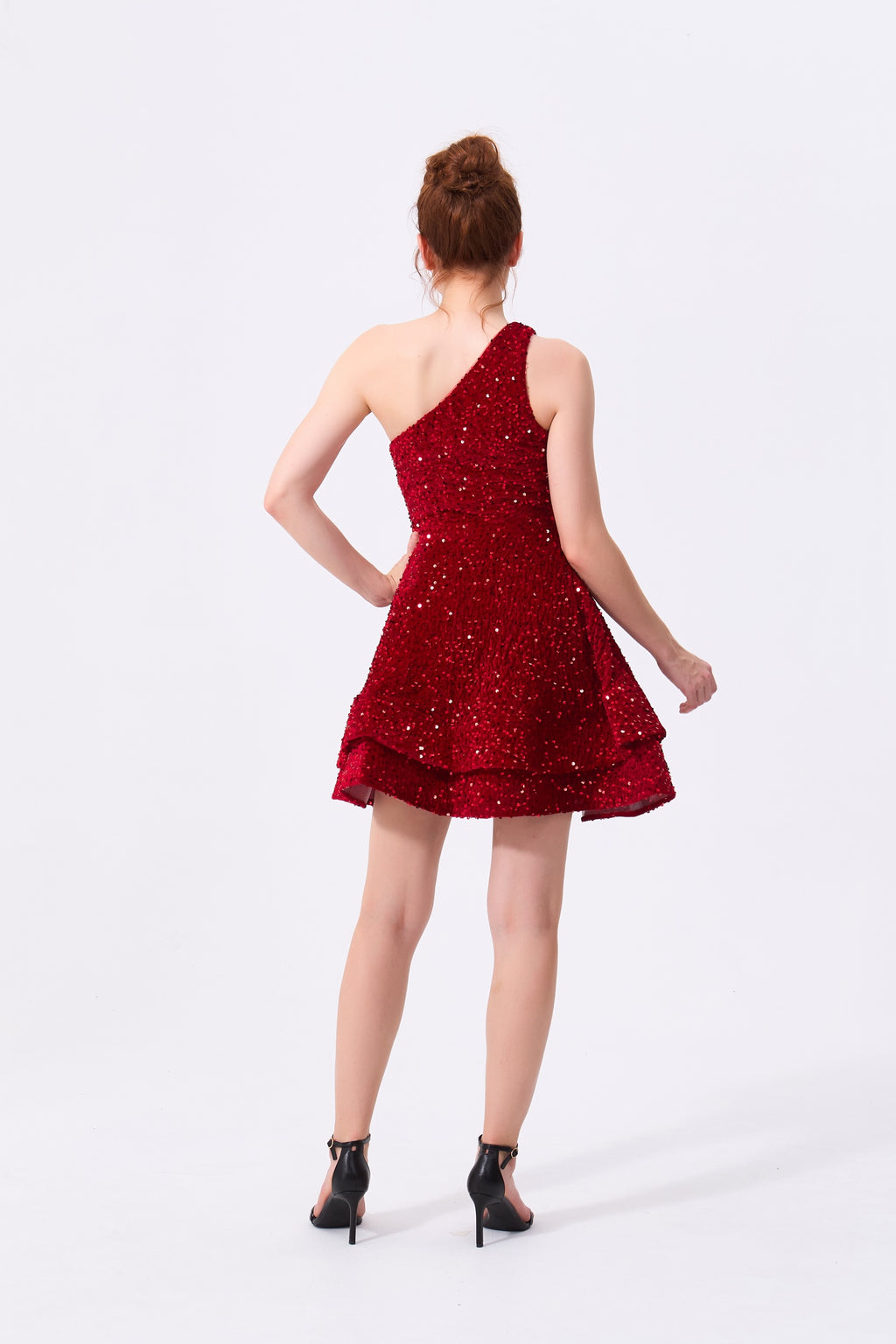 Burgundy Sequin A-Line One Shoulder Zipper Back Above Knee Dress - Almudear